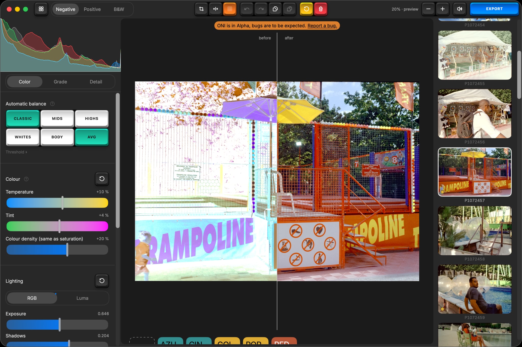 The whole application window: mode tabs at the top, the Color panel down the left with a histogram and the six balance buttons, a converted frame split before and after in the middle, and a strip of thumbnails down the right