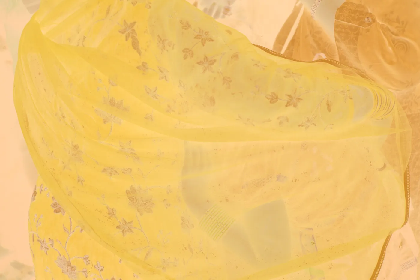 The raw scan of the sari: the purple reads as a yellow-green, the embroidery dark, under the orange base.